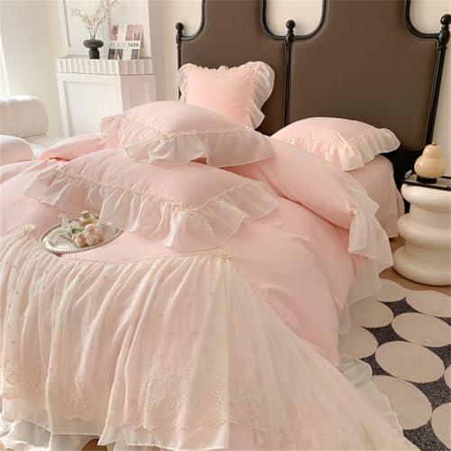 IHOUSTRIY Lace Duvet Cover Twin Size, Chiffon Ruffled Beddding Set with Flower, 2 Pieces Comforter Cover Set with Zipper Closure, Girl Princess Bedding with Pillowcase - Pink, Twin - color: Pink, size: Twin