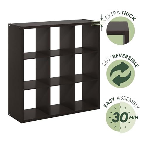 Furinno CUBICLE 9-Cube Book Shelf, Extra Thick Frame Bookshelf, Dark Oak | 14.6" x 44" x 44", Reversible Bookcase with Open Back, for Living Room, Bedroom, Home Office - color: Dark Oak, size: 9-Cube