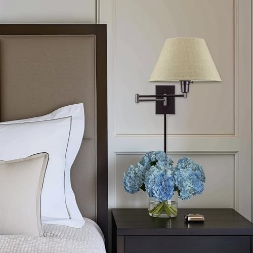 Kira Home Cambridge 15" Modern Swing Arm Wall Sconce with 3-Way Switch | Latte Mocha Empire Fabric Shade, 2-in-1 Plug In or Hardwired Bedroom Wall Lamp, Black Finish - color: Black,Latte Mocha Shade