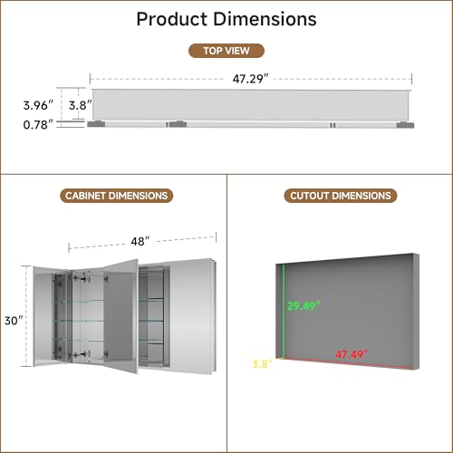 48" x 30" Bathroom Medicine Cabinet with Mirror, Recessed or Wall Mount | Medicine Cabinets with Adjustable Glass Shelves, Soft-Closed Hinge, Chrome Aluminum Frame, Reverse Installation - size: 48" x 30"