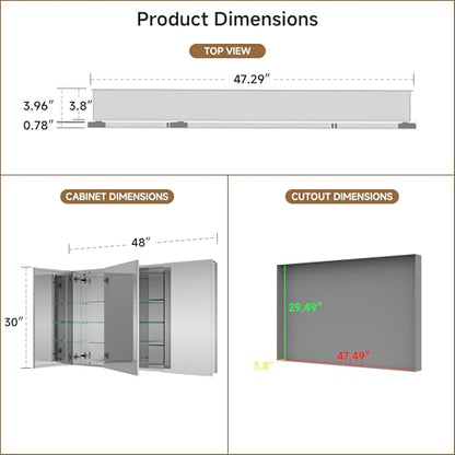 48" x 30" Bathroom Medicine Cabinet with Mirror, Recessed or Wall Mount | Medicine Cabinets with Adjustable Glass Shelves, Soft-Closed Hinge, Chrome Aluminum Frame, Reverse Installation - size: 48" x 30"