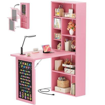 Small Folding Desk with Outlets, Convertible Writing Desk for Small Spaces/Home Office/Craft Room, Multi-Function Desk Workstation with Blackboard, Fold-Out Cabinet Table, Pink | Foldable Wall Mounted Desk Cabinet with Storage, Craft Cabinet with Fold Out