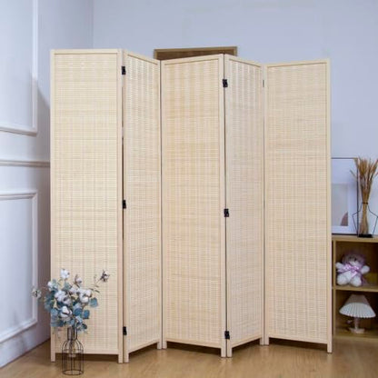 5 Panel Bamboo Room Divider, 5.6 ft Tall Folding Privacy Screen, Freestanding Room Partition Wall in Natural Beige for Home & Office and Room Separation (67" H x 76.8" W) - color: Beige, size: 5 Panel