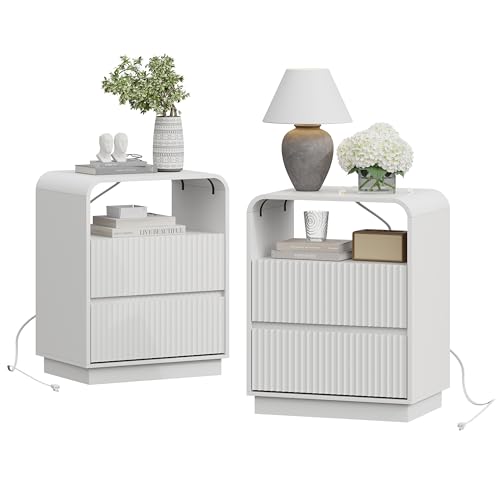 White Nightstands Set of 2 with Charging Station, Mid Century Modern End Tables & Bedside Tables, Fluted Wood Small Night Stands with 2 Hidden Drawers and Storage Shelf for Bedroom - color: White, style: 2 Drawers-2 PCS