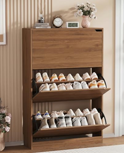 Shoe Storage Cabinet, Wood Shoe Organizer for Entryway with 3 Flip Drawers, Freestanding Shoe Rack with Adjustable Shelf, Narrow Shoe Dresser for Front Door Entrance (Walnut, Standard 3 Drawers) - color: Walnut, size: Regular 3 Drawers