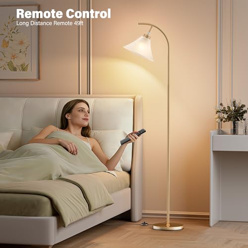Gold Floor Lamp with Remote, Dimmable Glass Arc Standing Lamp, Ribbed Frosted Glass Shade, 3 Color Temperatures, Foot Switch, 9W LED Bulb for Living Room Bedroom Office - color: Gold
