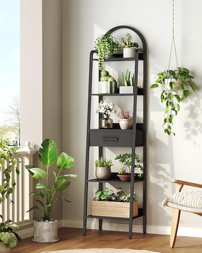 5 Tier Ladder Shelf with Drawer, Tall Ladder Bookshelf, Standing Bookcase with Metal Frame for Living Room, Bathroom, Home Office, Study, Balcony, Black TCJ07BB - color: Black
