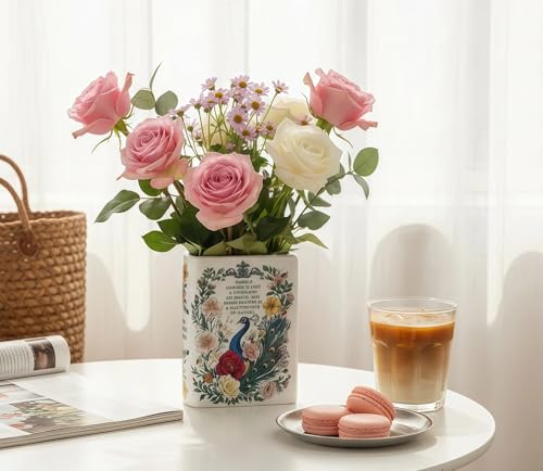 LIFFY Ceramic Vase for Flowers, 6.3 Inch Tall Farmhouse Centerpiece with Double Handles, Rustic Terracotta & Modern Navy White - Home Table Decor (Green-Peacock) - color: Green-peacock