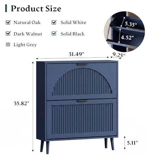 Xixini Shoe Storage Cabinet with 2 Flip Drawers, 36" Tall Narrow Wood Fluted Shoe Organizer for Entryway, Freestanding Wooden Hidden Slim Shoe Rack for Front Door Entrance, Hallway, Foyer, Navy Blue - color: Navy Blue, size: 2 Flip Drawers