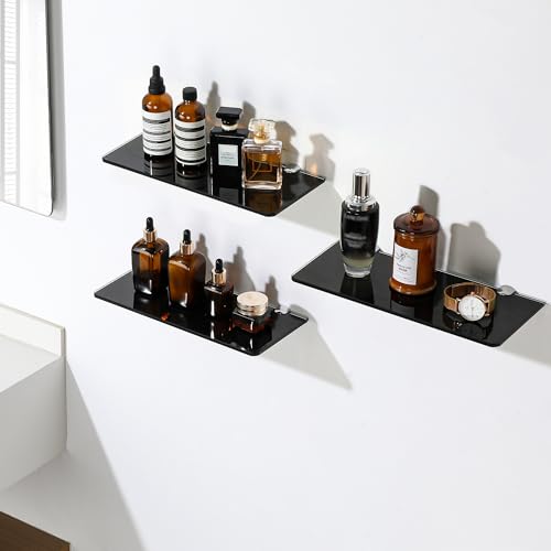 SAYAYO Glass Floating Shelves for Wall, Tempered Glass Shelves for Bathroom | Living Room, Bedroom, Office, Toilet, Kitchen Decor, 12 Inch Set of 3, Black - color: Black, size: 3 PCS