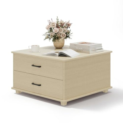 MALOL Storage Coffee Table with 2 Drawers & Flip-Top Lid with Hidden Storage, Modern Fluted Wood Coffee Table, Solid Wood Legs, Square Center Table for Living Room, Walnut - color: Walnut