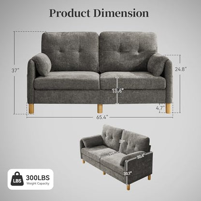 Mid Century Modern Couch, 65" Loveseat Sofa, Light Grey | Storage Pockets, Upholstered Small Loveseat for Small Spaces, Bedroom, Home Office, Apartments - color: Light Grey