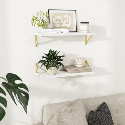 Dreamland Wall Mounted Floating Shelves Set of 2, 24x8, White&Gold | Engineered Wood, Visible Bracket, Large Storage, Hold Up to 45lbs, Living Room, Bathroom, Bedroom, Kitchen - color: White&gold, size: 24"W x 8"D