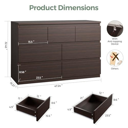 Jocoevol Modern Brown 7 Drawer Dresser for Bedroom, Simply Chest of Drawers, Wood Storage Dresser with Deep Drawers for Living Room Hallway Entryway, Brown - color: Brown