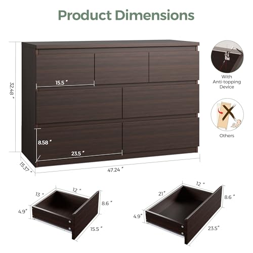Jocoevol Modern Brown 7 Drawer Dresser for Bedroom, Simply Chest of Drawers, Wood Storage Dresser with Deep Drawers for Living Room Hallway Entryway, Brown - color: Brown