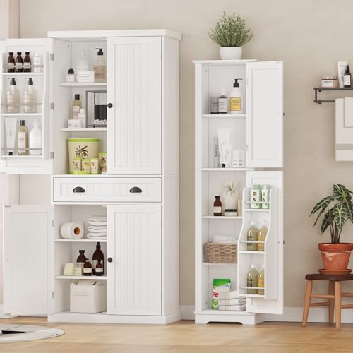 Function Home 높은 보관 캐비닛, 162.6cm(64인치) 좁은 욕실 캐비닛, 도어 보관 선반이 있는 독립형 주방 식료품 저장실, 주방 다이닝 거실용 나무 슬림 바닥 캐비닛, 화이트 - color: 슬림 화이트, size: 15.8"Wx11.81"Dx64"H