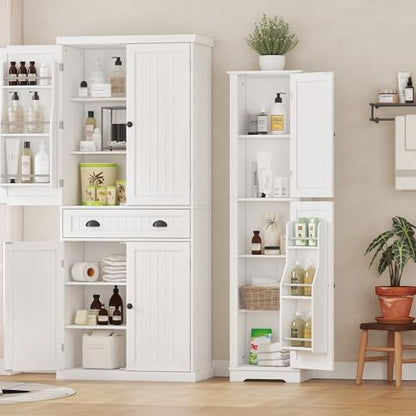 Function Home 높은 보관 캐비닛, 162.6cm(64인치) 좁은 욕실 캐비닛, 도어 보관 선반이 있는 독립형 주방 식료품 저장실, 주방 다이닝 거실용 나무 슬림 바닥 캐비닛, 화이트 - color: 슬림 화이트, size: 15.8"Wx11.81"Dx64"H