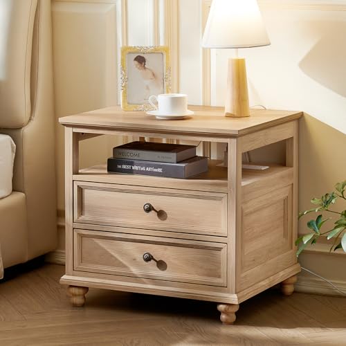 Joaxswe Farmhouse Nightstand with Charging Station, 24" Wide End Table with 2 Drawers, Natural Dresser for Bedroom, Bed Side Table Chest of Drawers Cabinet,Wood Night Stand for Living Room, Closet - color: Natural, size: 19.76"D x 24"W x 22.91"H (2 Drawer