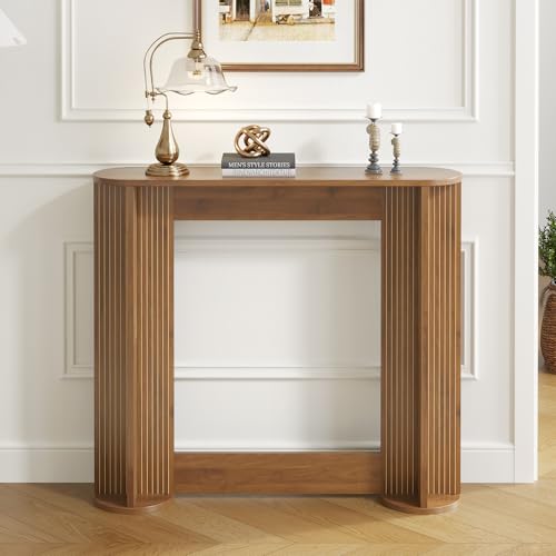 35 Inch Small Narrow Console Table Behind Couch, Mid-Century Modern Fluted Skinny Entryway Table, Slim Sofa Table for Hallway, Living Room, Wood, Brown, Walnut - color: Walnut-35 Inch