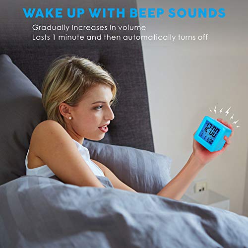 Plumeet Digital Alarm Clock Kids with Snooze and Nightlight - Easy Setting Silicone Clock Display Time, Date - Loud for Bedroom - Battery Powered (Blue) - color: Light Blue