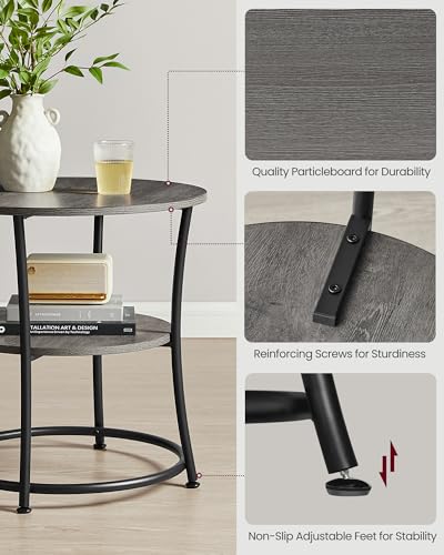 VASAGLE 21.7-Inch Round Side Table, 2-Tier End Table | Nightstand with Steel Frame, Spacious Top, for Small Spaces, Living Room, Bedroom, Misty Gray and Ink Black ULET056G68 - color: Misty Gray + Ink Black, style: Without Power Strip