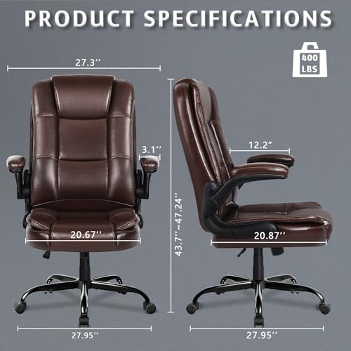 Flip-up Arms Office Desk Chair Big and Tall Managerial Executive Chair, High Back Computer Chair Ergonomic Adjustable Height PU Leather Chairs with Armrest for Long Time Sitting - color: New Brown