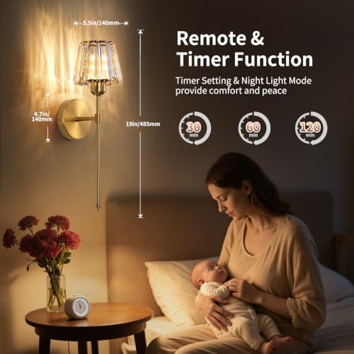 Battery Operated Crystal Wall Sconce Set of 2, Gold Rechargeable Wireless Wall Sconces with Remote Dimmable 12 Colors Modes Led Wall Lights, Wall Lamp for Bedroom Living Room Hallway, 2 Bulbs Included - color: Gold