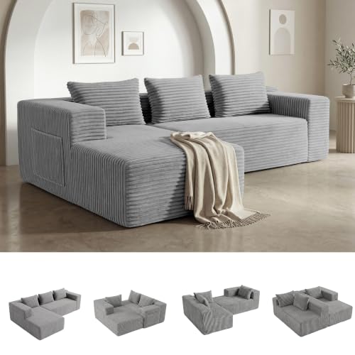 Modular Boneless L-Shaped Couches for Living Room with Side Pockets | Modern Sectional Boneless Corduroy Fluffy Couch Sofa with Deep Seat and Non-Slip Base, No Assembly, Light Grey - color: Light Grey, size: L-Shaped