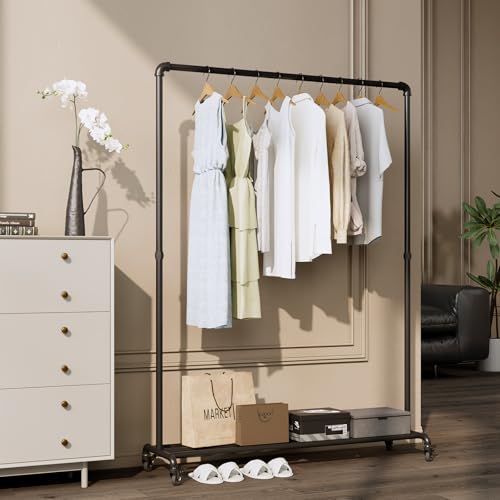 Industrial Pipe Clothing Rack with Wheels,Rolling Garment Rack with Bottom Shelf, Sturdy Metal Clothes Rack for Hanging Clothes Heavy Duty,Black Mobile Wardrobe Rack for Bedroom & Boutique