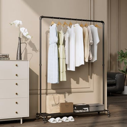 Industrial Pipe Clothing Rack with Wheels,Rolling Garment Rack with Bottom Shelf, Sturdy Metal Clothes Rack for Hanging Clothes Heavy Duty,Black Mobile Wardrobe Rack for Bedroom & Boutique