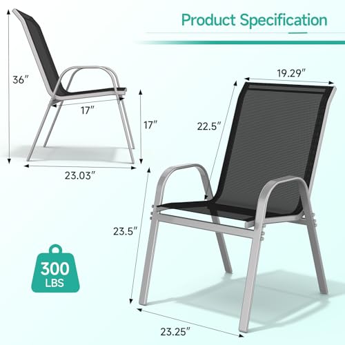 Patio Chairs Set of 4, All Weather Outdoor Dining Chairs | Stackable Dining Furniture Set, Breathable, High Back, Lawn, Garden, Backyard, Poolside Furniture - color: Black