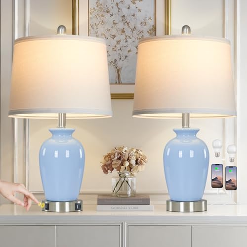 23" Light Blue Ceramic Table Lamp Set of 2 for Bedroom, Modern Bedside Lamps for Nightstand Living Room Office Dining Room SideTable - color: Light Blue
