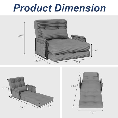 Futon Sofa Bed,Convertible Sofa Bed,Folding Boneless Couches | 3-in-1 Folding Sofa Bed,Boneless Couches for Living Room with Pillow & Side Pocket,High-density Foam,Single Sleeper,Grey - color: Dark Grey, size: Single
