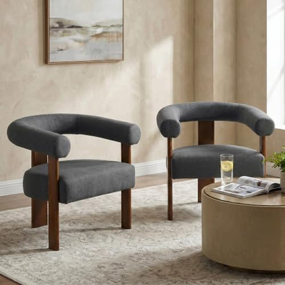VKNOW Barrel Accent Chairs Set of 2 with Armrests and Walnut Wood Legs | Mid Century Modern Upholstered Living Room Chairs with Open Back, Faux Mohair Fabric, for Living Room, Bedroom, Charcoal - color: Charcoal(walnut Legs), size: Set of 2