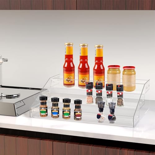 PMMASTO Widen Tiered Spice Rack, Seasoning Organizer, Clear Acrylic Vertical Shelves Can Organizer for Countertop, Cabinet, Pantry, Kitchen Organization and Storage - 3 Tier - size: Widen 3 Tier - inner width 3''