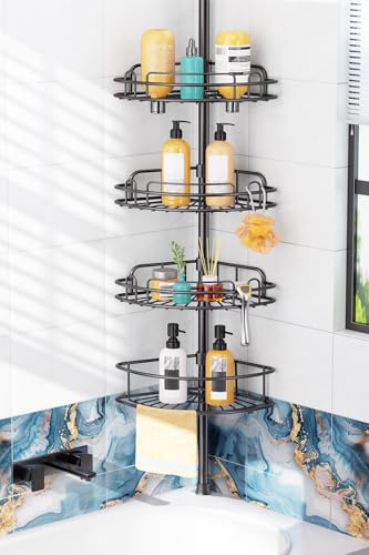 HAMITOR Corner Shower Caddy Tension Pole: No-Drill Rustproof Bathroom Shelf | 4-Tier Large Storage for Renters, 47-121 in Adjustable Rack, Quick Installation, Supports Up to 22 lbs, Hooks and Towel Bar - color: Black