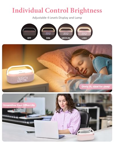 Bluetooth Speaker Alarm Clock & Wireless Charger for Bedside, Home, Office | FM Radio, Adjustable LED Night Light, 6 in 1 Bedroom Portable Speaker 2500mAh, Phone Stand - color: Pink