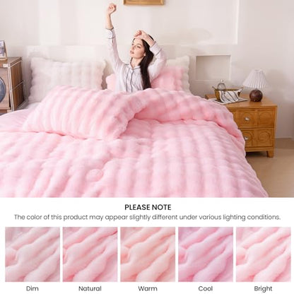 Fluffy Pink Duvet Cover Twin Set, Soft Shaggy Plush Rabbit Bedding Set 2 Pieces (1 Fuzzy Comforter Cover + 1 Faux Fur Pillow Cases) Bed Set, Zipper Closure（Pink, Twin） - color: Pink, size: Twin