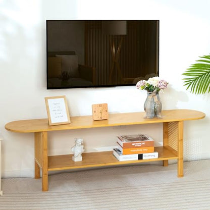 HollyHOME Bamboo TV Stand with Storage for TVs up to 65", Modern Entertainment Center with Rattan Side, Accent TV Table with 2 Shelf, Media Console TV Stand for Living Room, Bedroom, Burlywood - color: Rattan Side