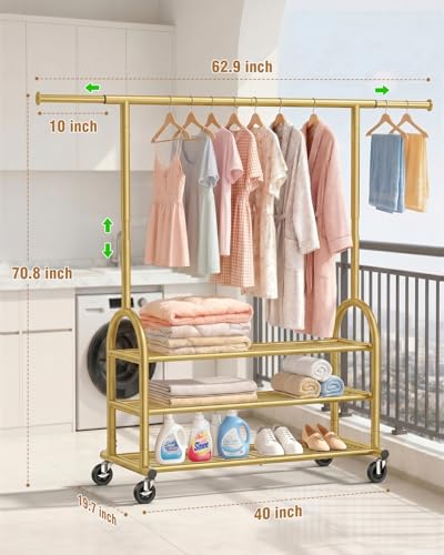 Heavy Duty Clothes Rack for Hanging Clothes Load 688 LBS, Height Adjustable Rolling Clothing Racks, Portable Metal Coat Rack Garment Wardrobe with Wheels and 3 Shelves for Bedroom, Gold - color: Gold, style: 3 Shelves