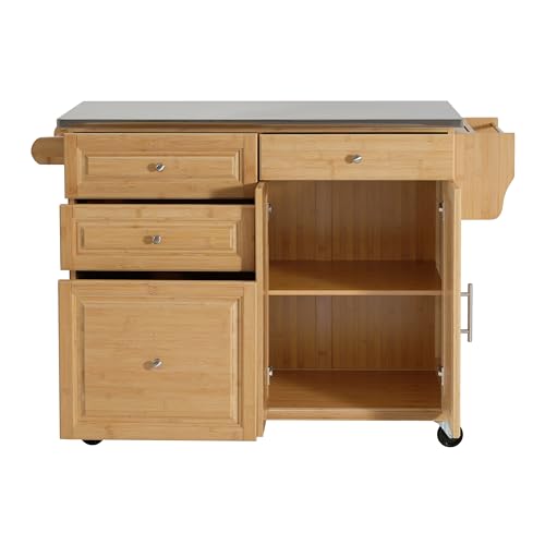 Christopher Knight Home Tredy Bamboo Rolling Cart with Drawers, Kitchen Bar Cart on Wheels with Stainless Steel Top, Rolling Kitchen Cart Storage Cabinet, Serving Cart, 50.8'' x 18.5'', Natural - size: Medium