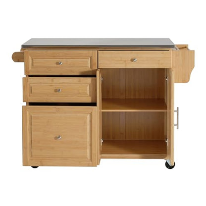 Christopher Knight Home Tredy Bamboo Rolling Cart with Drawers, Kitchen Bar Cart on Wheels with Stainless Steel Top, Rolling Kitchen Cart Storage Cabinet, Serving Cart, 50.8'' x 18.5'', Natural - size: Medium