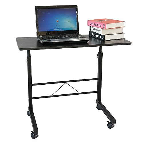 Sofa Side Table C Shaped End Table with Wheels, Black Rolling Bedside Laptop Table Snack Table TV Tray, Height Adjustable, Wooden Top & Metal Frame - color: Black, 31.5"-style 2