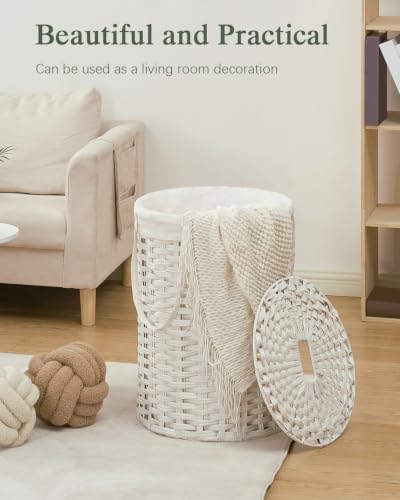 SETVSON Laundry Hamper with Lid Laundry Basket with Lid 72L, White | 19 Gal Round PE Rattan Hamper with Lid, Removable Washable Liner Bag, 2 Mesh Wash Bags, Steel Frame, Handles - color: White, size: 72 L