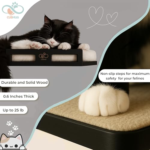 Cat Wall Shelves, Solid Wood Corner Bed, 3 Steps, Up to 25 lb, Black | Cushion included; 2 washable covers, cotton and plush; secures across two walls - color: Black