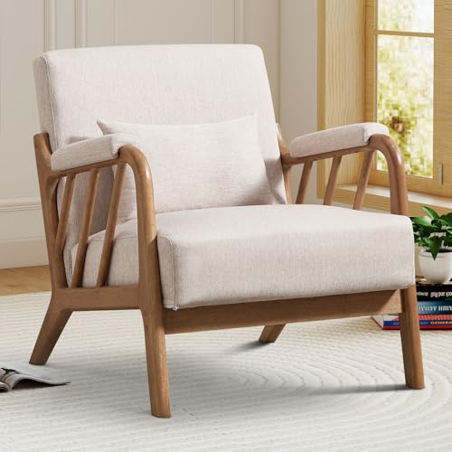 IOMOR Mid Century Modern Accent Chair with Solid Wood Frame Linen Fabric, Upholstered Living Room Chairs with Lumbar Cushion Padded Arms, Reading Armchair for Bedroom (1, Warm Beige) - color: Warm Beige