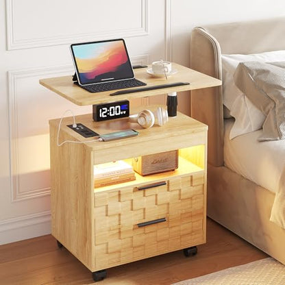 Lareth Rolling Nightstand with Wheels, LED Lights, Charging Station | Height Adjustable, Bedside Table 2 Drawers, Smart Wooden End Table Dorm Side Table Laptop Workstaion, Bedroom, Natural - color: A Natural