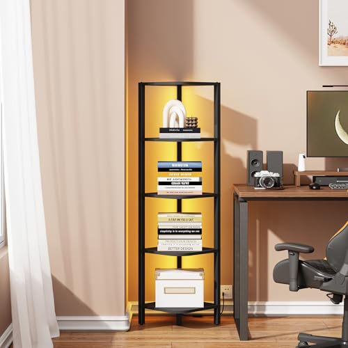 TUTOTAK Corner Shelf with LED Light, 5-Tier Corner Bookshelf | for Small Space, Narrow Display Corner Shelf Stand with Storage Rack, for Living Room, Bedroom, Black BS08BK005L - color: Black, size: 5-Tier Large With LED