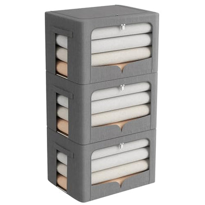 FHSQX 3 Pack Clothes Storage Bins with Metal Frame | Dark Gray, 15.7x11.8x11.8inch (36L) ,Foldable, Stackable Linen Fabric, Carrying Handles, Clear Window - color: Dark Gray, size: 15.7x11.8x11.8inch(36L)