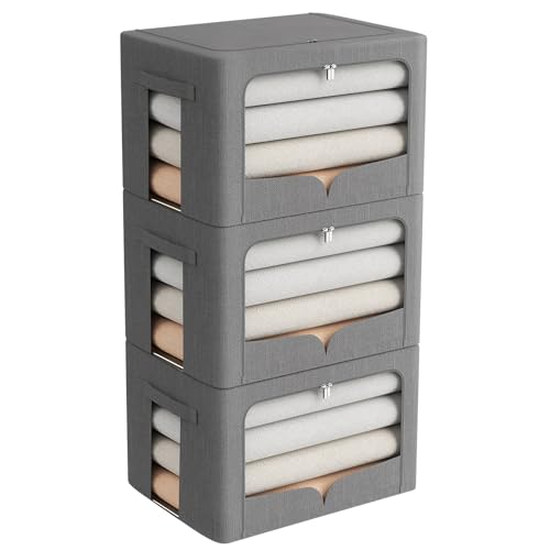 FHSQX 3 Pack Clothes Storage Bins with Metal Frame | Dark Gray, 15.7x11.8x11.8inch (36L) ,Foldable, Stackable Linen Fabric, Carrying Handles, Clear Window - color: Dark Gray, size: 15.7x11.8x11.8inch(36L)